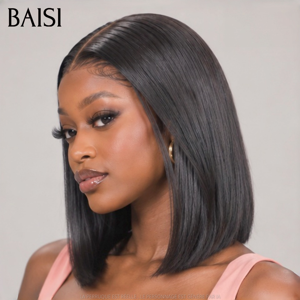 BAISI 13x4 Lace Perruque Bob Lisse 12Pouces A Partir de 98€ Couleur Noir 1B# Sans Colle Tout le Monde Aime en 100% Cheveux humains