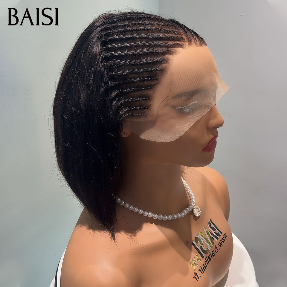 BAISI 13x6 Lace Perruque Coiffée Bob Lisse Avec Nattes Texture Simple et Jolie Couleur Noir 10pouces et 12pouces en 100% Cheveux humains