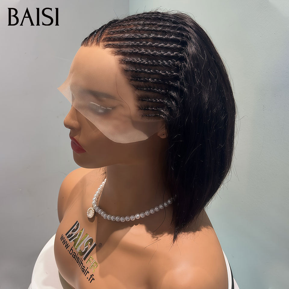 BAISI 13x6 Lace Perruque Coiffée Bob Lisse Avec Nattes Texture Simple et Jolie Couleur Noir 10pouces et 12pouces en 100% Cheveux humains