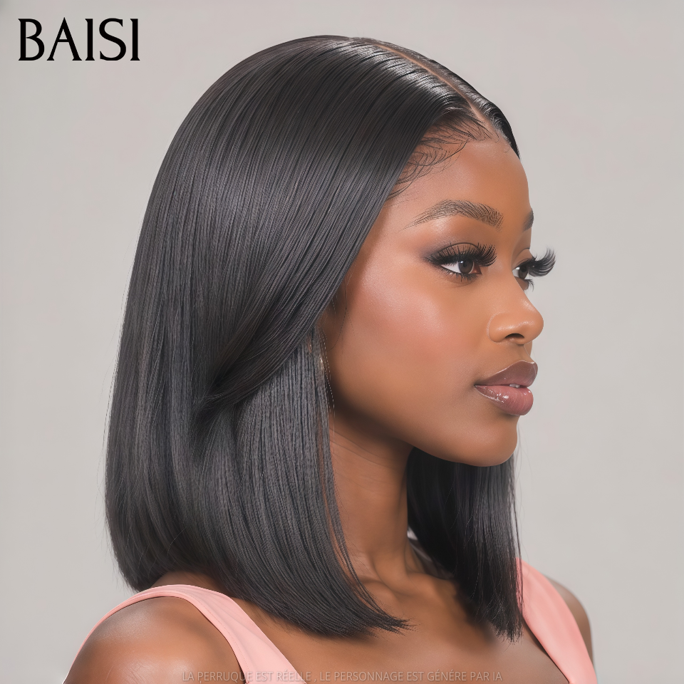 BAISI 13x4 Lace Perruque Bob Lisse 12Pouces A Partir de 98€ Couleur Noir 1B# Sans Colle Tout le Monde Aime en 100% Cheveux humains