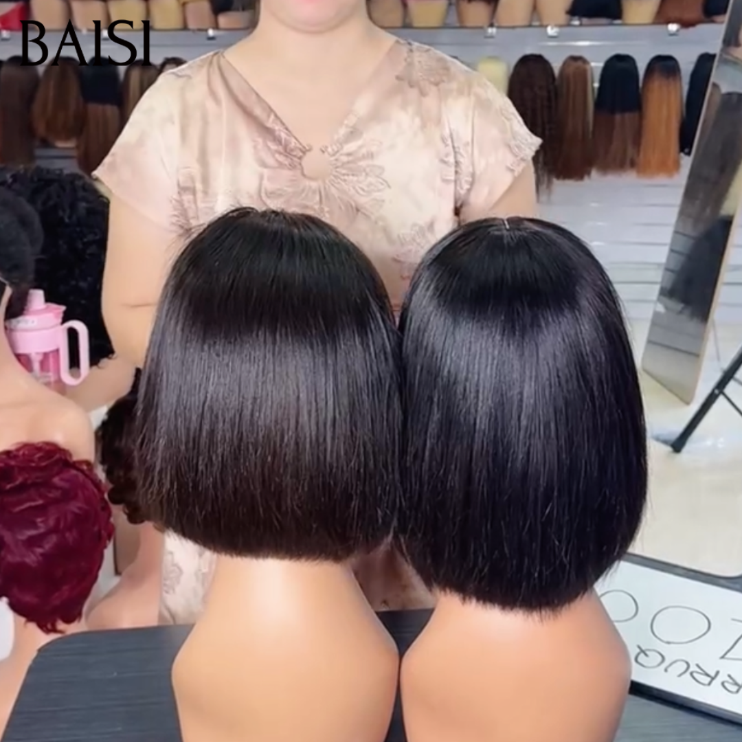 BAISI Lot de 2 Perruques Bob 13x4 Lace Lisse 8Pouces + Avec Frange Lisse 100% Vietnam Hair Couleur Noir 1B# Indispensable Au Travail en 100% Cheveux humains