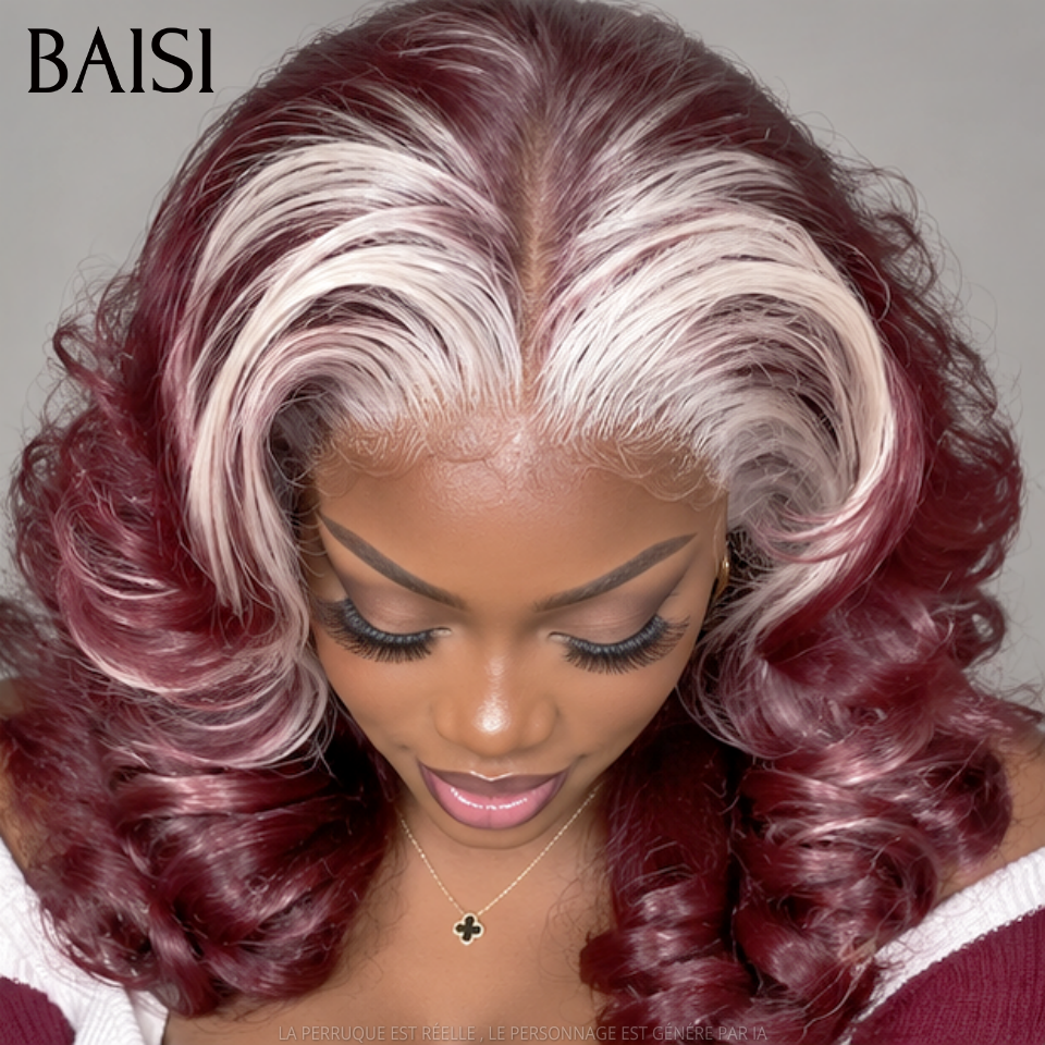 BAISI Promo Perruque 13X4 lace frontal 16 pouce couleurs Rouge-violet Mix Blonde somble grosse boucles sans colle Aujourd'hui 179€  en 100% Cheveux Humains