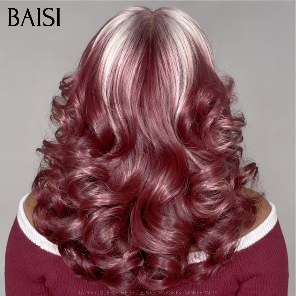 BAISI Promo Perruque 13X4 lace frontal 16 pouce couleurs Rouge-violet Mix Blonde somble grosse boucles sans colle Aujourd'hui 179€  en 100% Cheveux Humains
