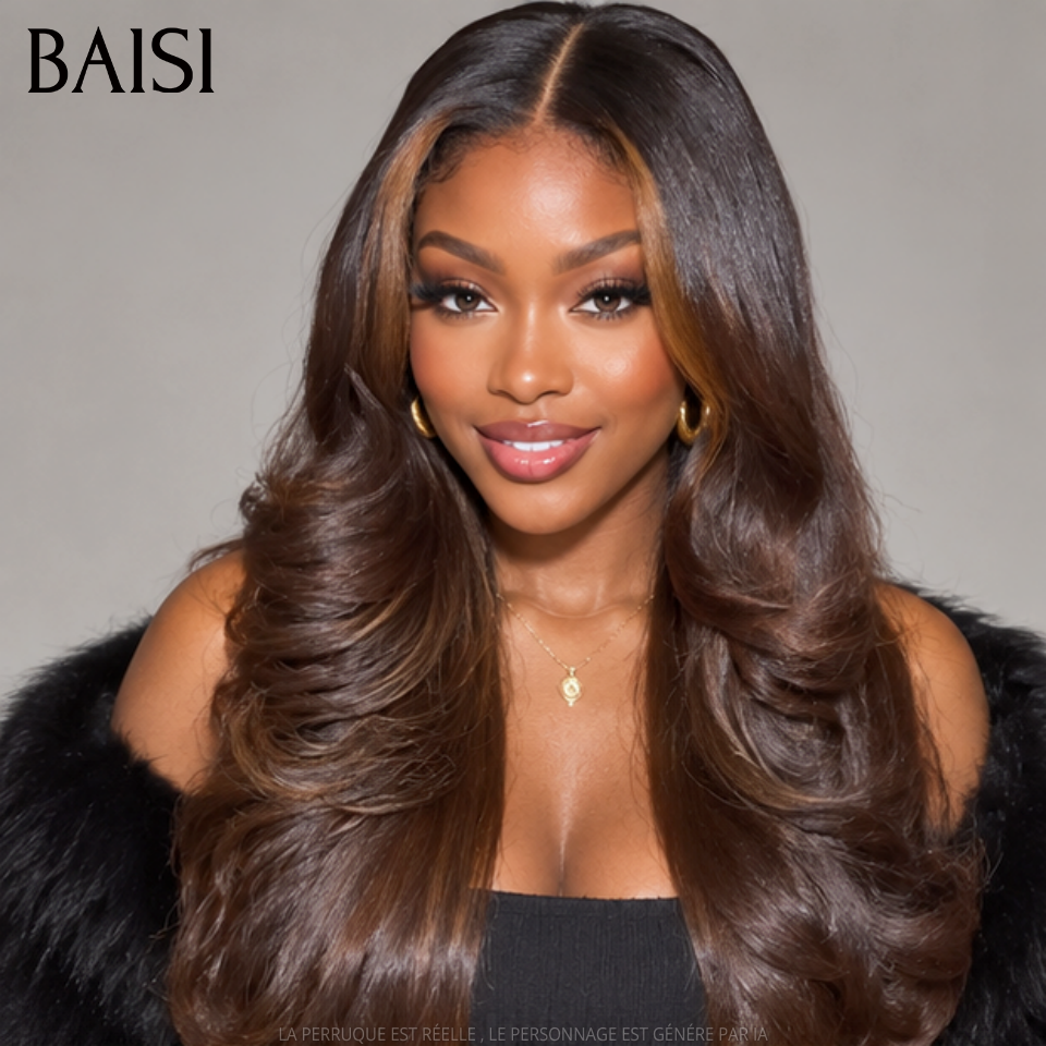 BAISI 13x4 Frontal Lace Perruque Body Wave en couleur Marron Mixte Sans Colle Lace déjà couper Facile à Porter en 100% Cheveux Humains