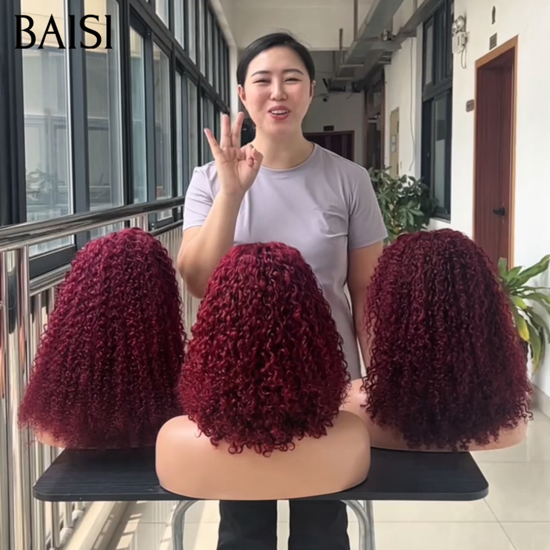 BAISI 13x4 Lace Perruque Curly Rouge Bordeaux 99J Longues 100% Vietnam Hair Meilleur Prix Meilleur Qualité 100% Identique en 100% Cheveux humains