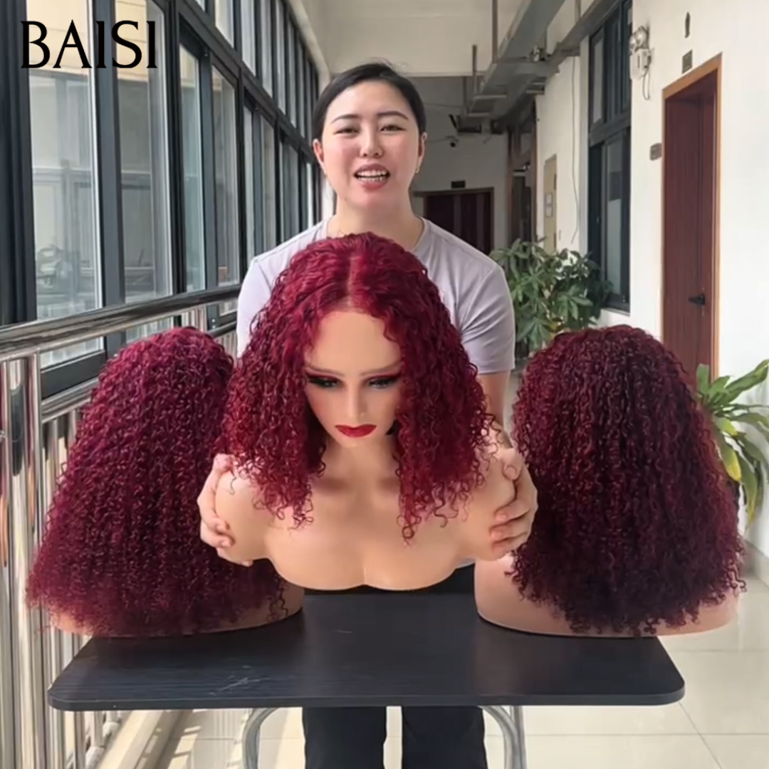 BAISI 13x4 Lace Perruque Curly Rouge Bordeaux 99J Longues 100% Vietnam Hair Meilleur Prix Meilleur Qualité 100% Identique en 100% Cheveux humains