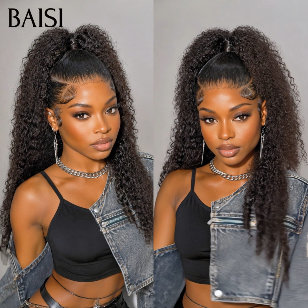 BAISI 13x4 Lace Perruque Kinky Curly Déjà Coiffée Couleur Noir 22Pouces 169€ Coiffure A la Mode pour les Vacances en 100% Cheveux humains