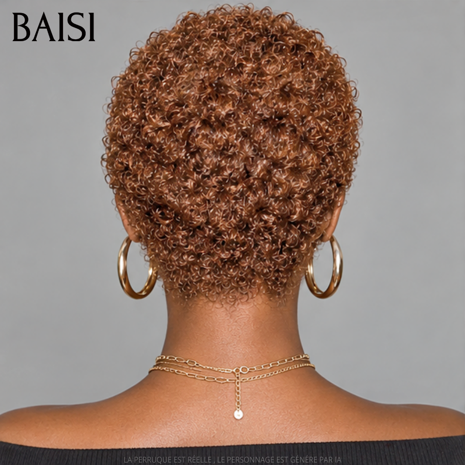 BAISI  Full Lace Perruque Pixie Courte Crépus Coiffée 138€ Couleur Marron Glacé #33 Super A la Mode et Sexy en 100% Cheveux humains