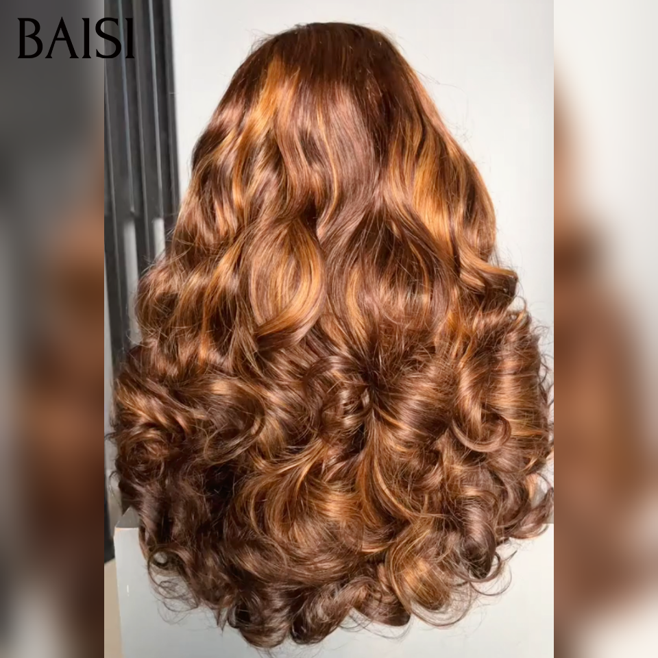 BAISI 13x4 Lace Frontal Perruque Bouncy Curl Rebondissante Marron Mixte Miel 4/27# Mèches de Qualité en 100% Cheveux Humains