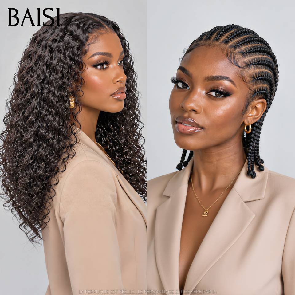 BAISI Perruque Coiffée Full Lace Bob En Nattes 138€ Ou Perruque Frontal Frisé 18Pouces 148€ Couleur Noir 1B# Pratique Au Quotidien en 100% Cheveux humains