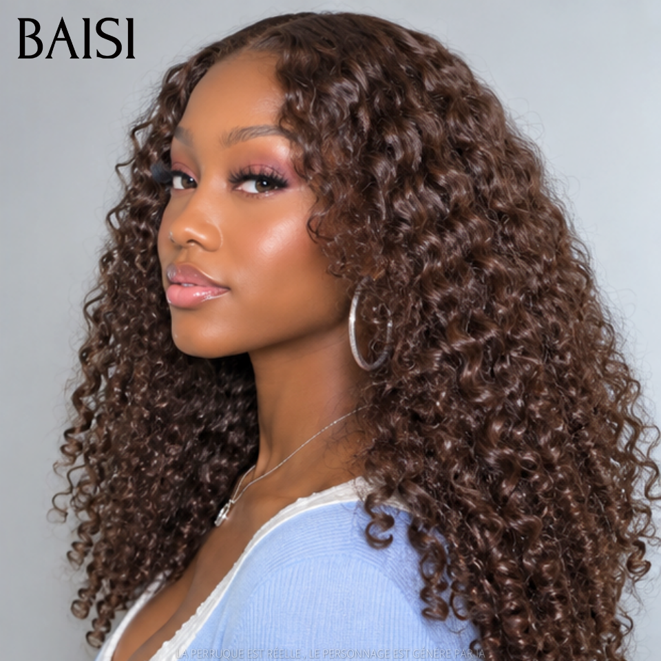 BAISI Perruque Curly Burmese Marron en Lace Frontal 13x4 Sans Colle  22 Pouces 189€ Lace Deja Coupé en 100% Cheveux Humains