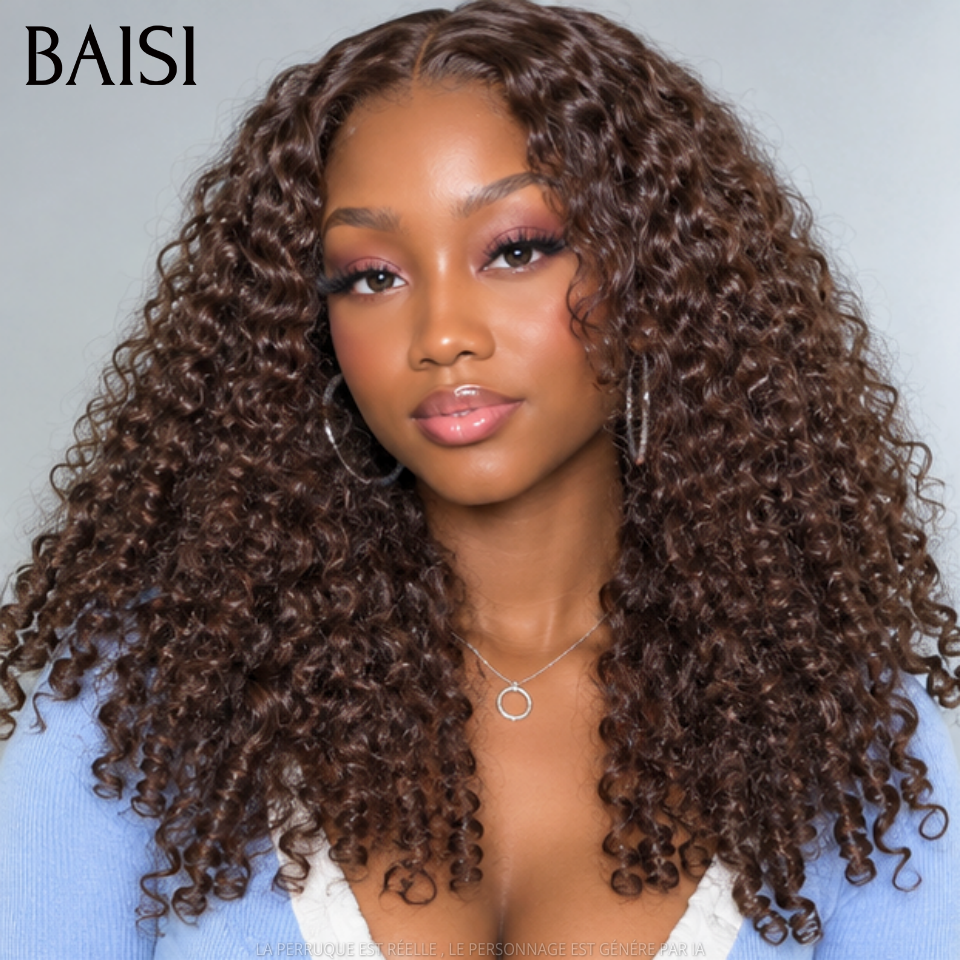 BAISI Perruque Curly Burmese Marron en Lace Frontal 13x4 Sans Colle  22 Pouces 189€ Lace Deja Coupé en 100% Cheveux Humains