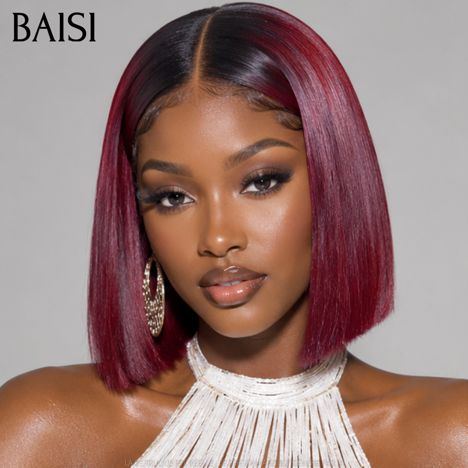 BAISI Perruque 2x6 lace closure Bob lisse 8 pouce 85€ Bordeaux Avec racine NOIR Vietname Hair DE luxe en 100% cheveux humains FR38