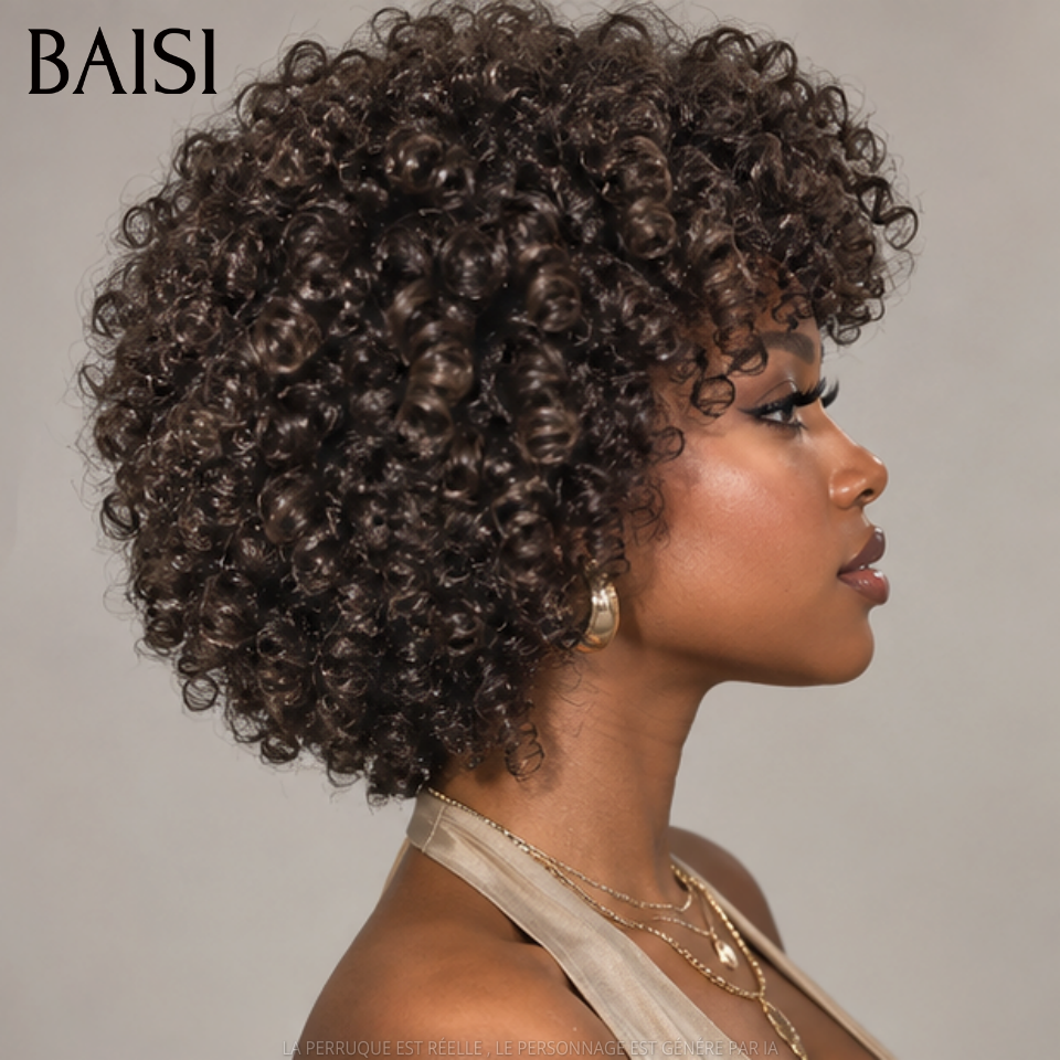 BAISI Perruque Top Modèle egg wave Avec Frange 12 Pouces sans Colle 100% cheveux humains