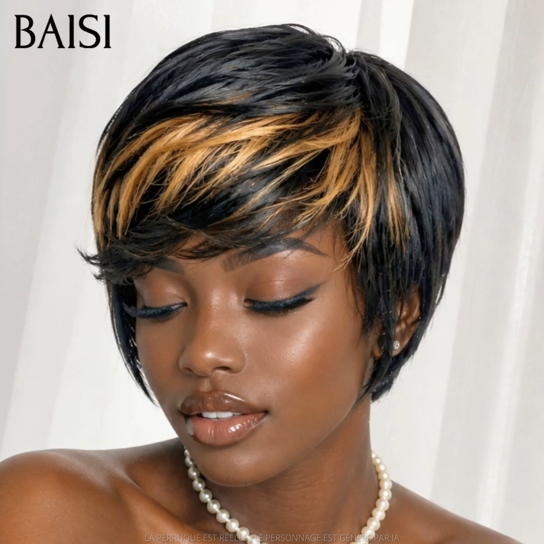 BAISI Perruque Pixie Lisse Noir Marron Clair 1B/33# 59€ Sans Colle Sans Lace Facile A Porter 100% Cheveux humains