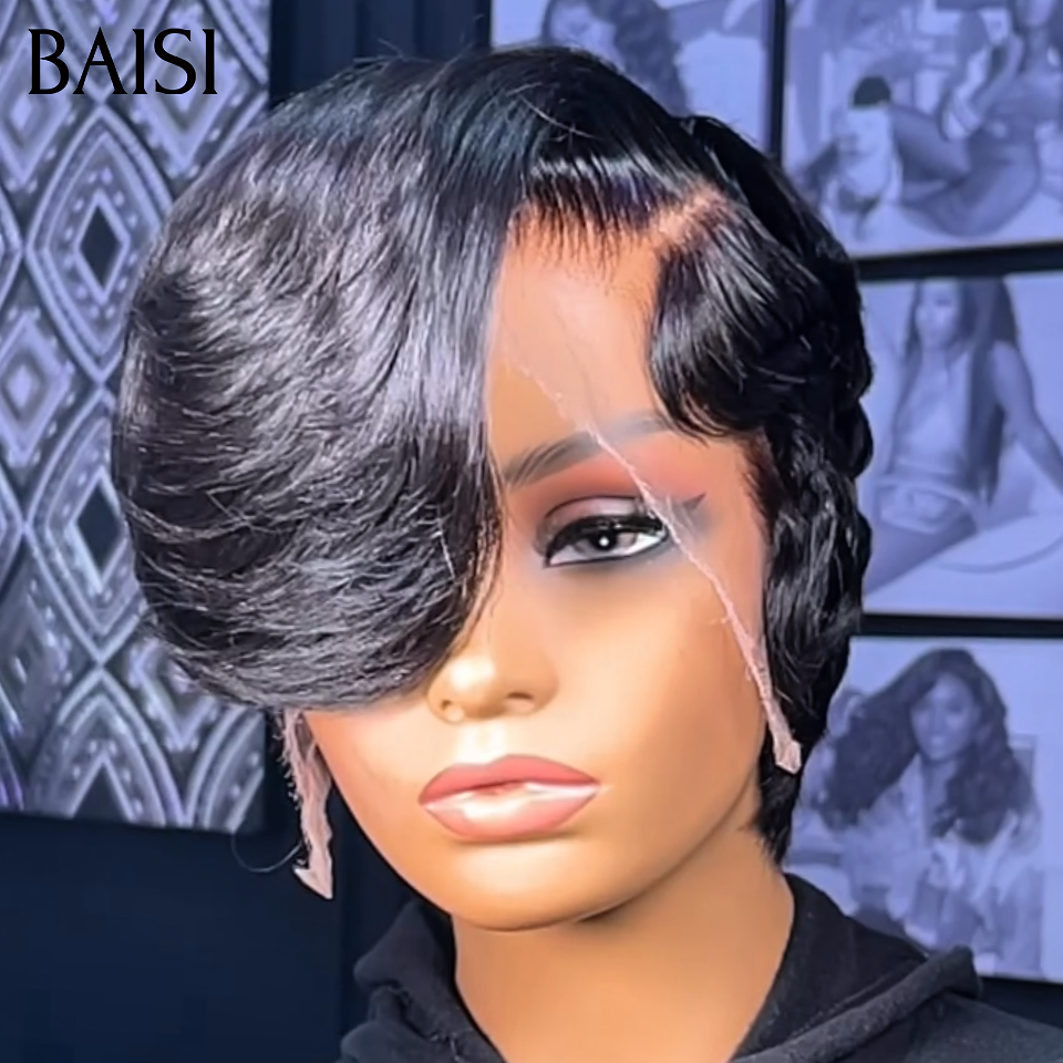 BAISI 13x4 Lace Perruque Coiffée Pixie Courte Lisse 88€ Longue Frange Balayée Style Très Moderne Déjà Prête A Porter En Couleur Noir 1B# en 100% Cheveux humains