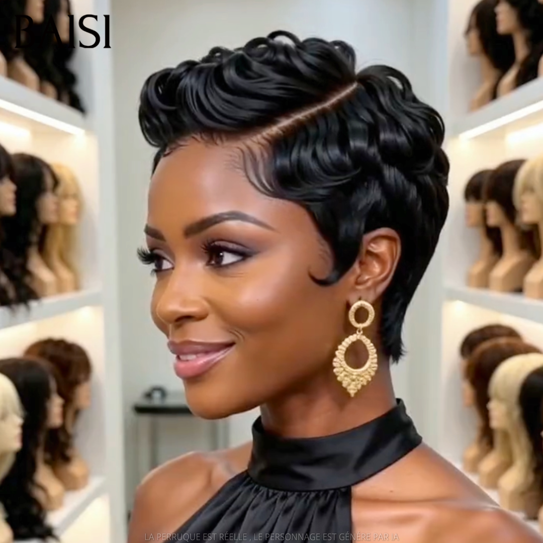 BAISI 13x4 Lace Perruque Pixie Wave Couleur Noir 1B# 60€ Petite Coupe Coquête  en 100% Cheveux humains