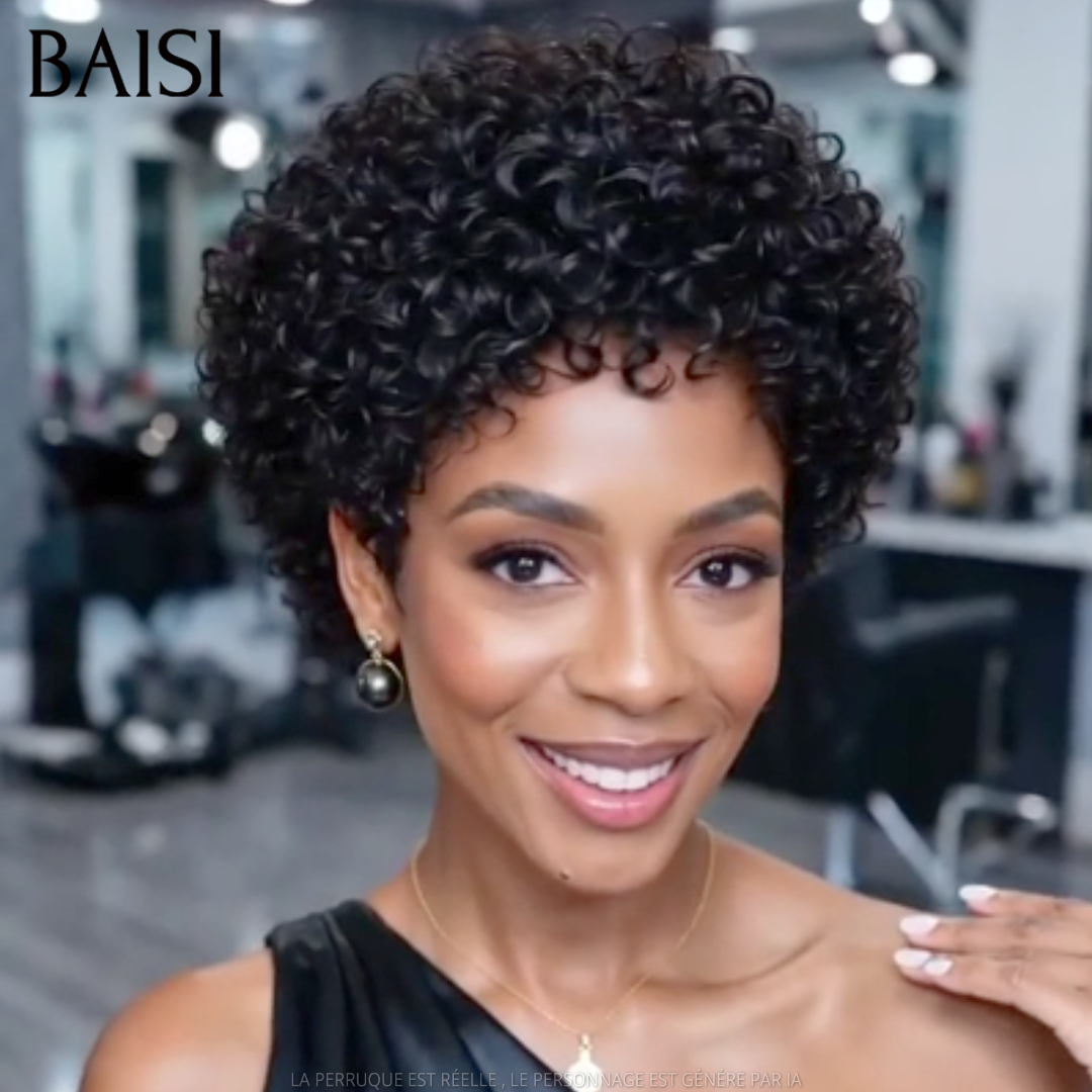 BAISI 13x4 Lace Perruque Pixie Courte Curly Couleur Noir 60€ Très Bonne Qualité en 100% Cheveux humains