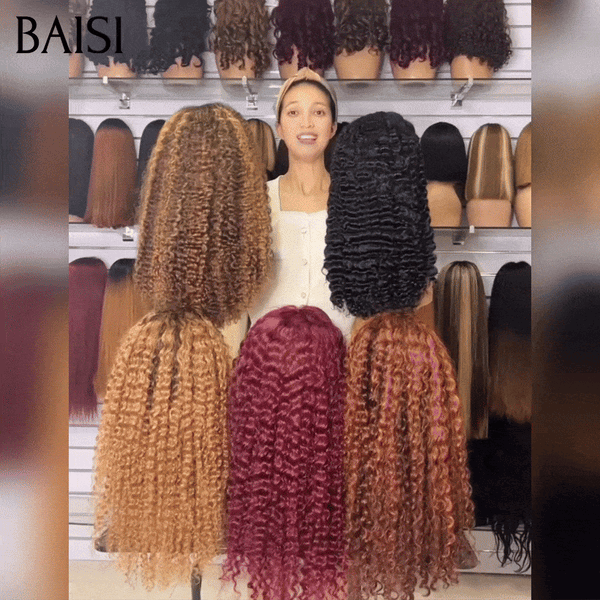 BAISI 13x4 Lace Perruques Curly wave Noir  1B# Bordeaux  99J# ou Colorées Beaucoup de volume en 100% vrais cheveux humains