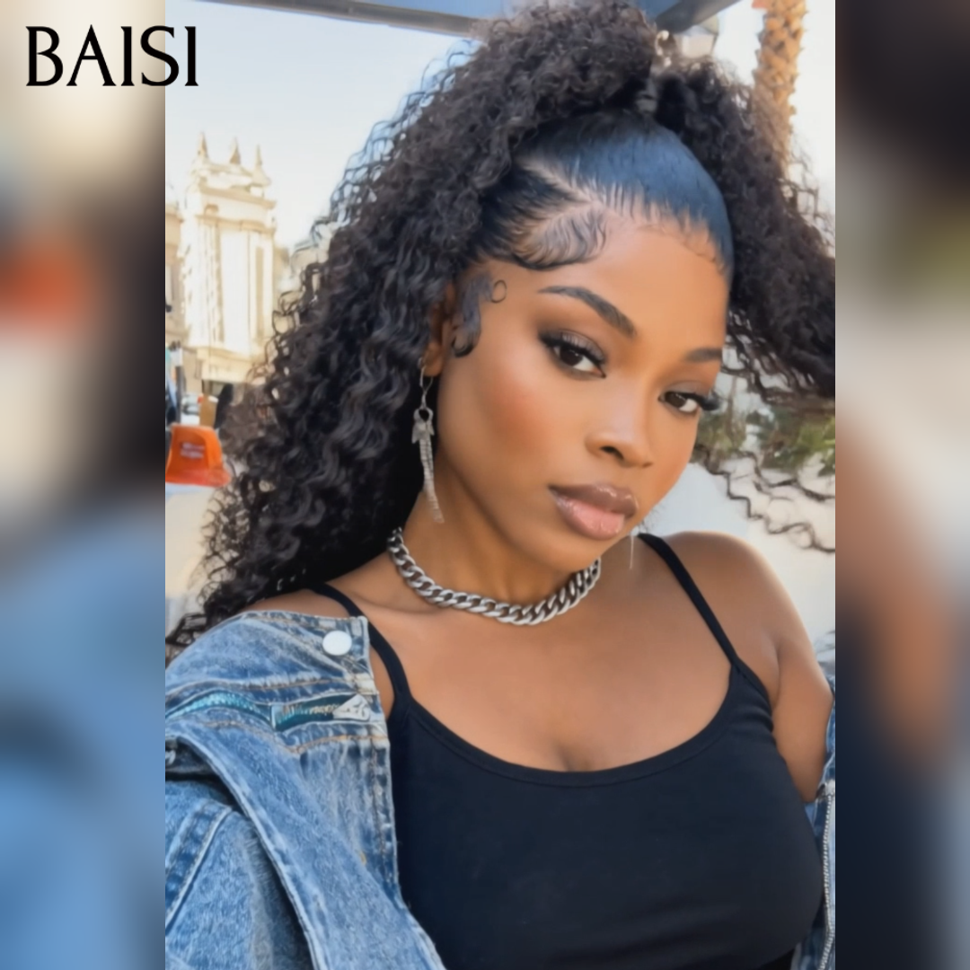 BAISI 13x4 Lace Perruque Kinky Curly Déjà Coiffée Couleur Noir 22Pouces 169€ Coiffure A la Mode pour les Vacances en 100% Cheveux humains