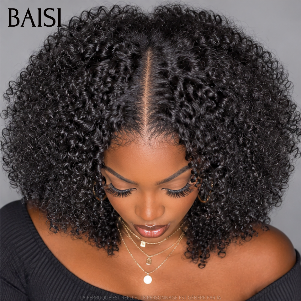 BAISI 4x4 Lace Perruque Bob Curly Sans Colle Prête A Porter Couleur Noir 1B# Magnifique Petite Boucle D'Ange en 100% Cheveux Humains  #24036