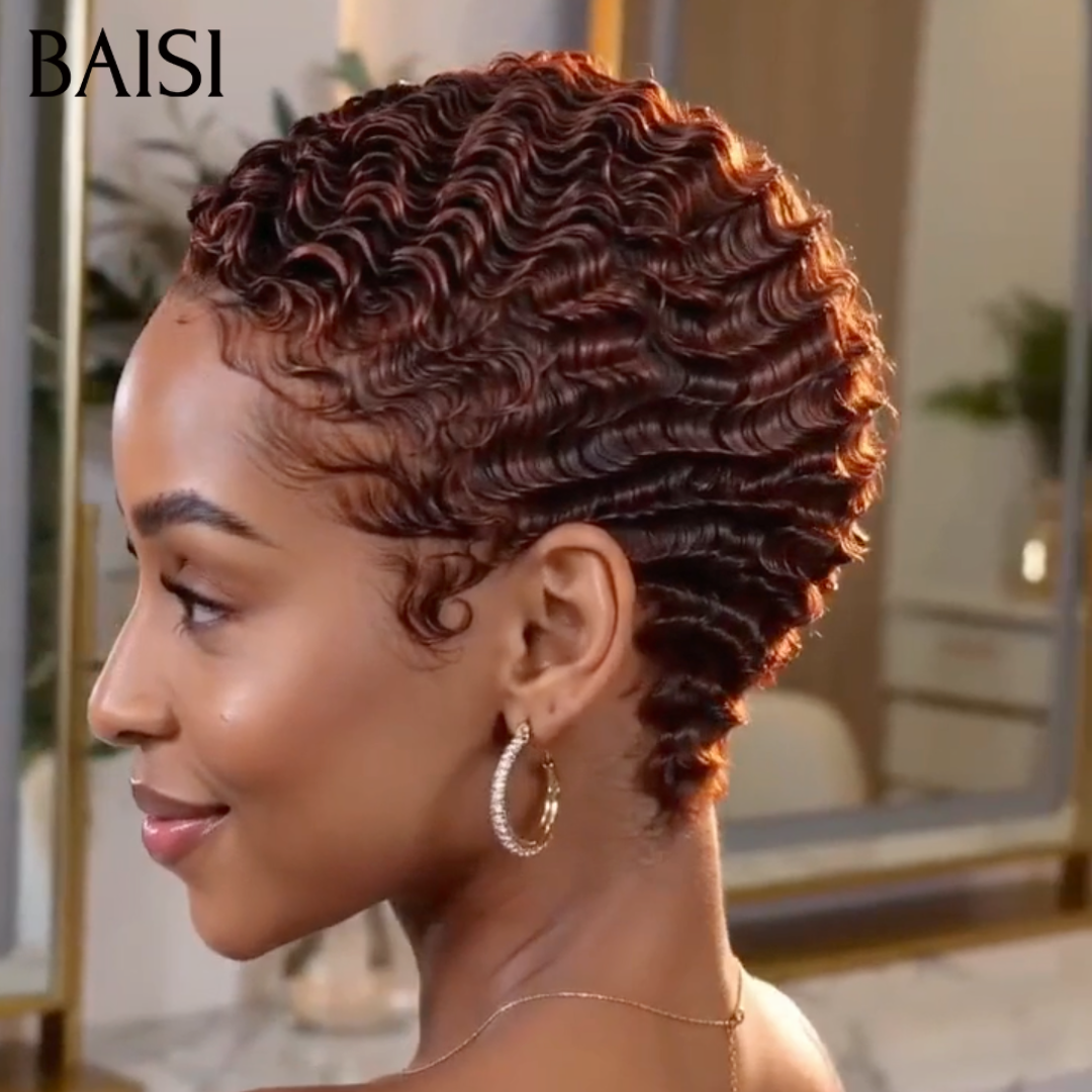 BAISI 13x6 Lace Perruque Déjà Coiffée Pixie Curl Couleur Marron 4# 119€ Resplendissante en 100% Cheveux humains
