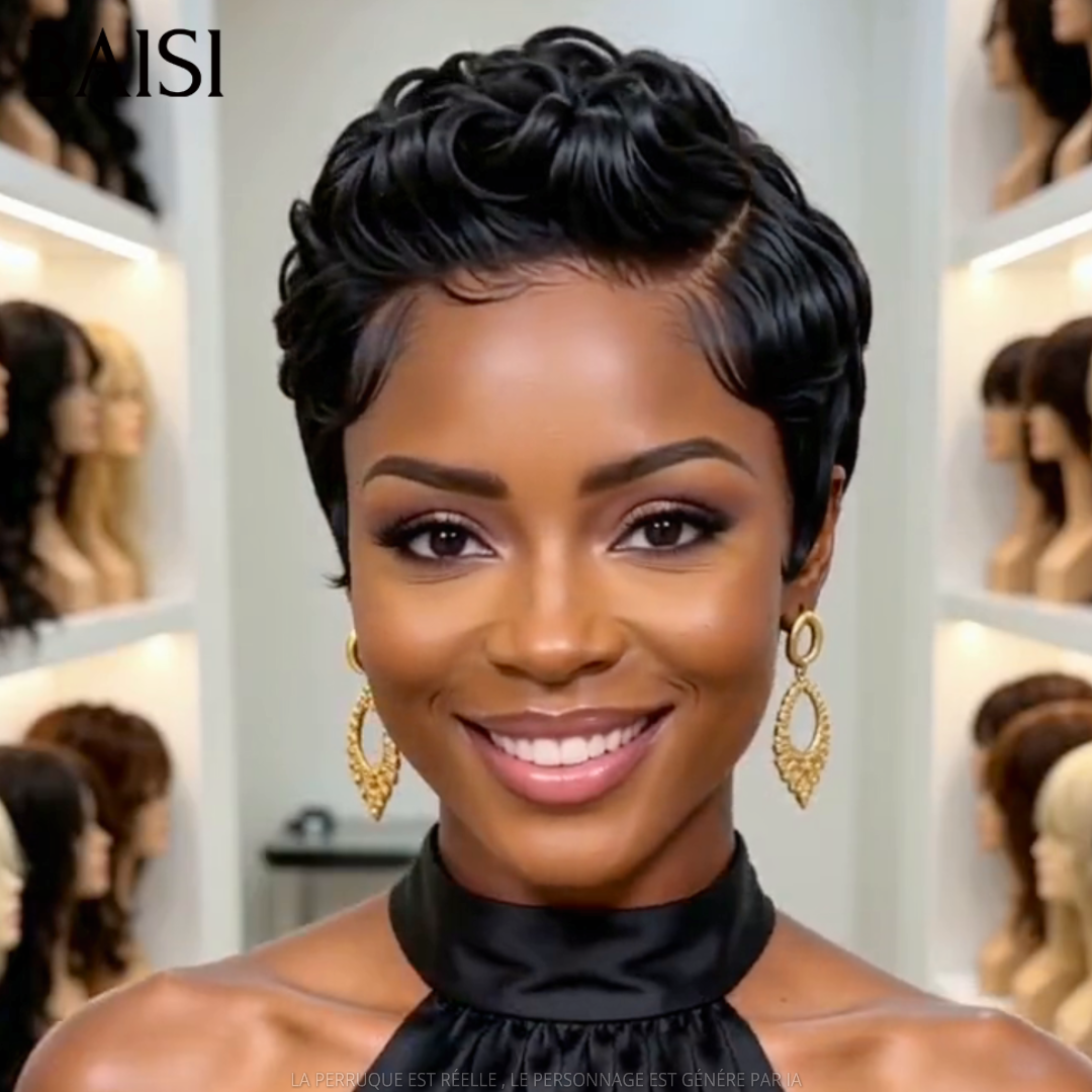 BAISI 13x4 Lace Perruque Pixie Wave Couleur Noir 1B# 60€ Petite Coupe Coquête  en 100% Cheveux humains