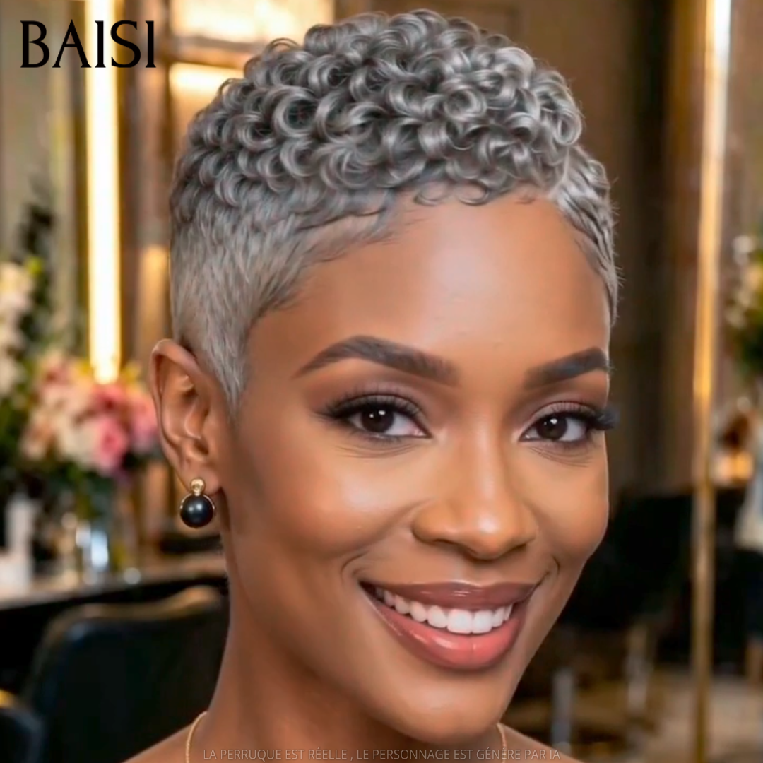 BAISI 5x5 Lace Perruque Pixie Curly Courte Sans Colle  Couleur Gris 105€ Modèle Spéciale et Facile A Porter en 100% Cheveux humains