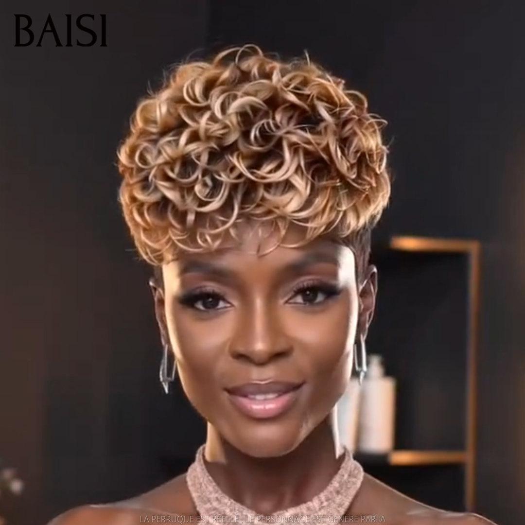 BAISI Perruque Pixie Bouclée Curly Noir et Marron 1B/4# 69€ Sans Colle Sans Lace Style Crinière en 100% Cheveux humains