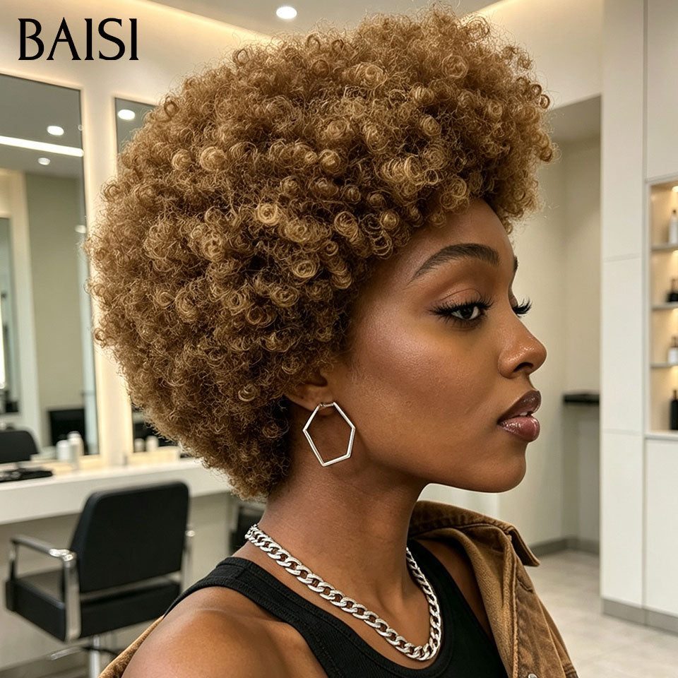 BAISI 13x4 Lace Perruque Pixie Afro Curly Couleur Mixte Miel 4/27# Super Elégante en 100% Cheveux humains