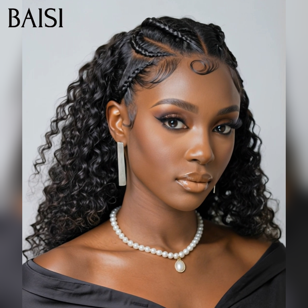 BAISI 13x4 Lace Perruque Curly Wave Déjà Coiffée Couleur Noir 16pouces et 20Pouces Coiffure Parfaite pour les Femmes Noires en 100% Cheveux humains
