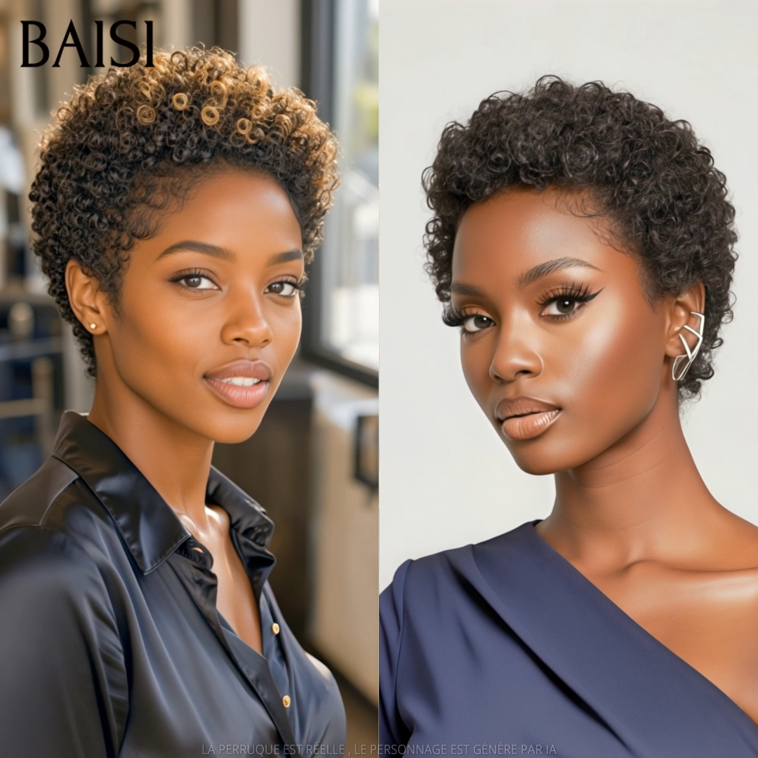 BAISI Lot de 2 Perruques Pixie Curly Noir et Miel Noir  79€ Sans Colle Sans Lace Simple et Confortable  en 100% Cheveux humains
