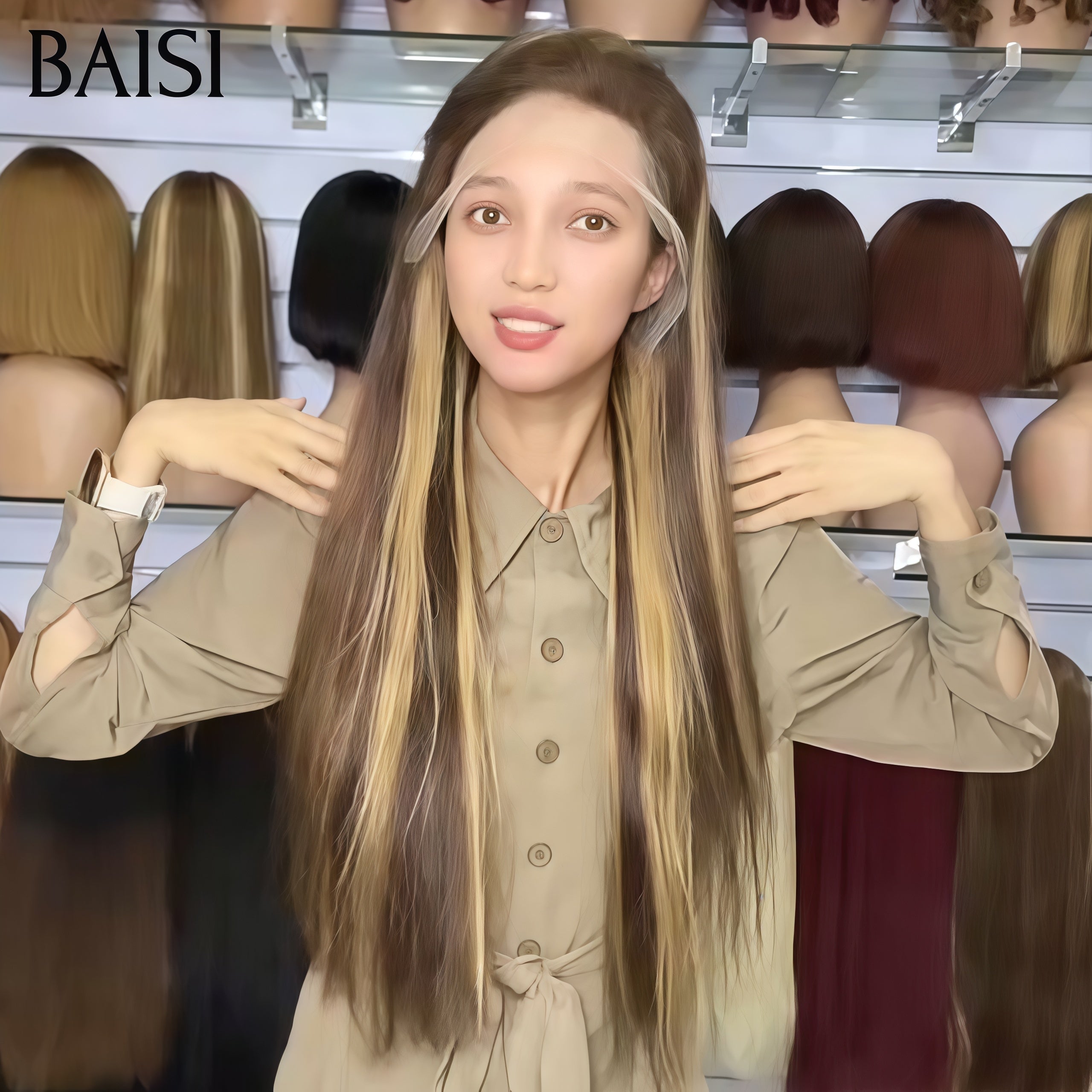 BAISI 13x4 Lace Perruque Longue Lisse Couleur 4/27# Mixte Miel   200% de Densité En 100% Cheveux Humains Pas Chèr FR38