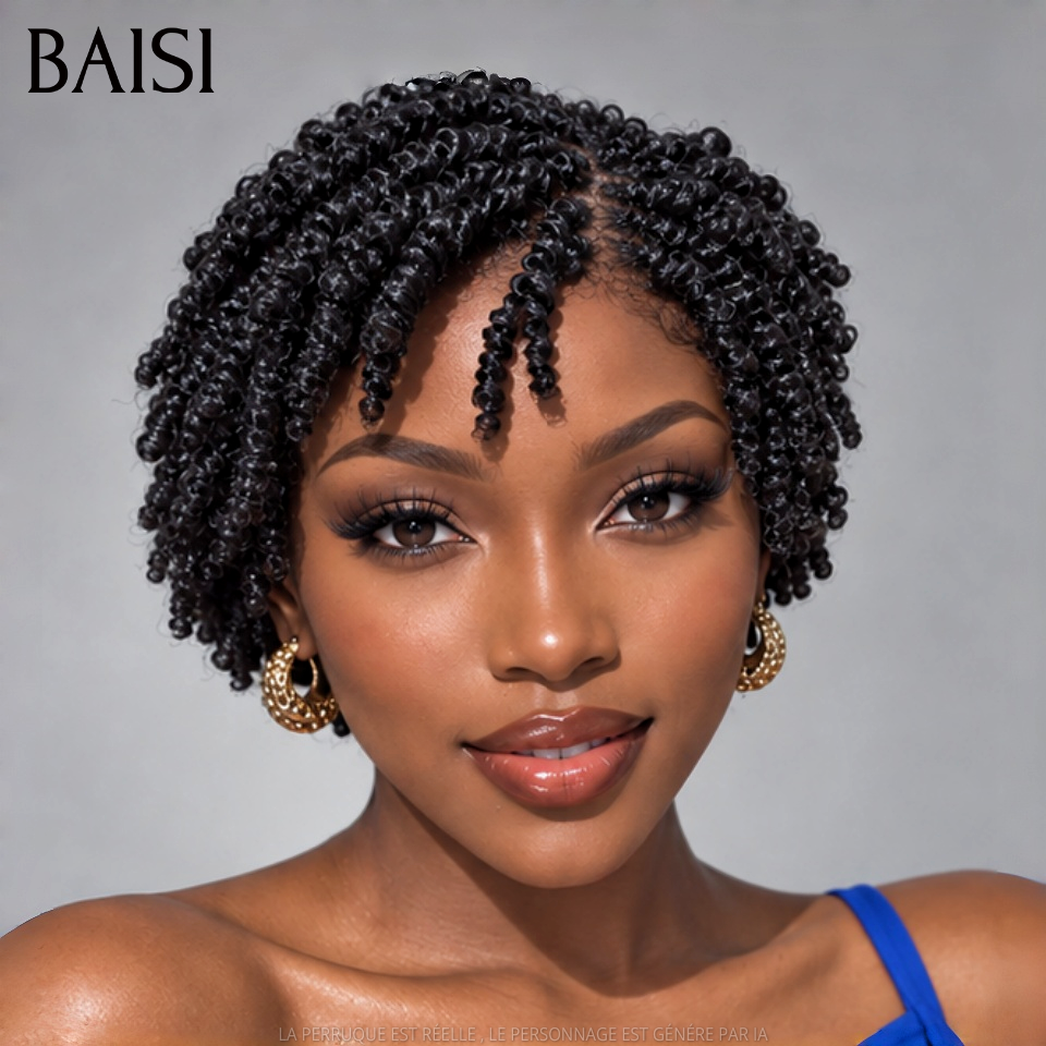 BAISI Perruque Full Lace 89€ 100% Cheveux Naturels Perruque Pixie petite coupe Raie sur le côté natte en Couleur Noir en 100% cheveux humains