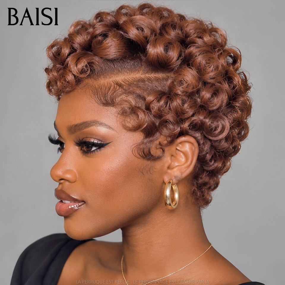 BAISI Perruque chioma pixie Marron finger wave sans Colle en 100% Raw Hair Lace déjà couper