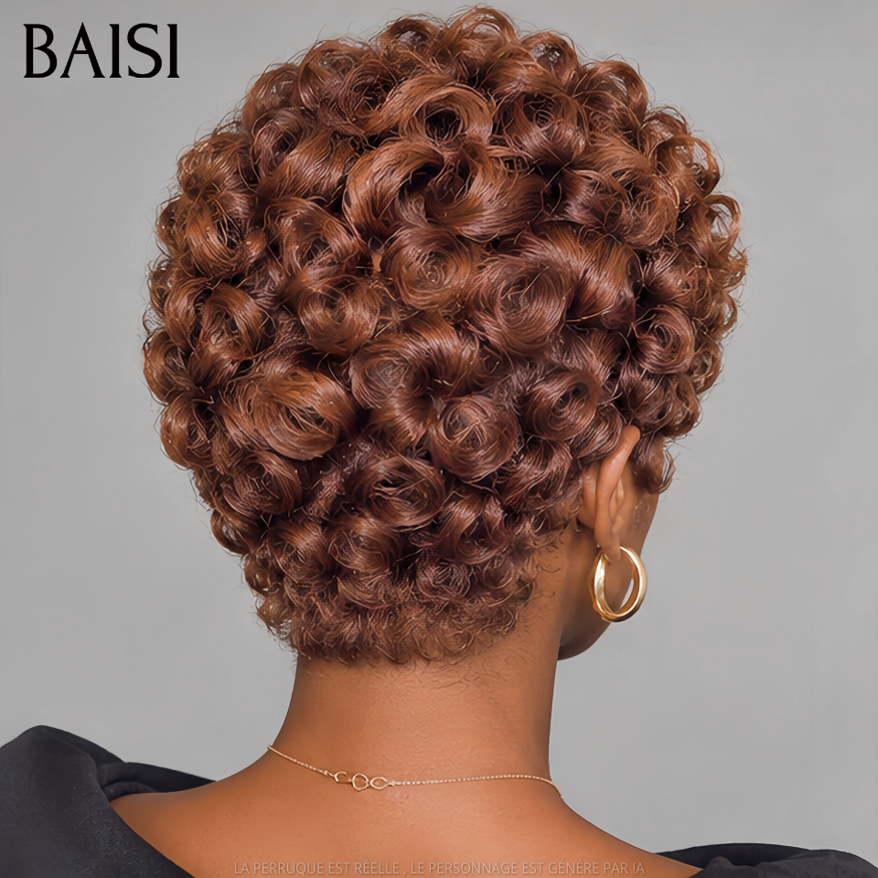 BAISI Perruque chioma pixie Marron finger wave sans Colle en 100% Raw Hair Lace déjà couper