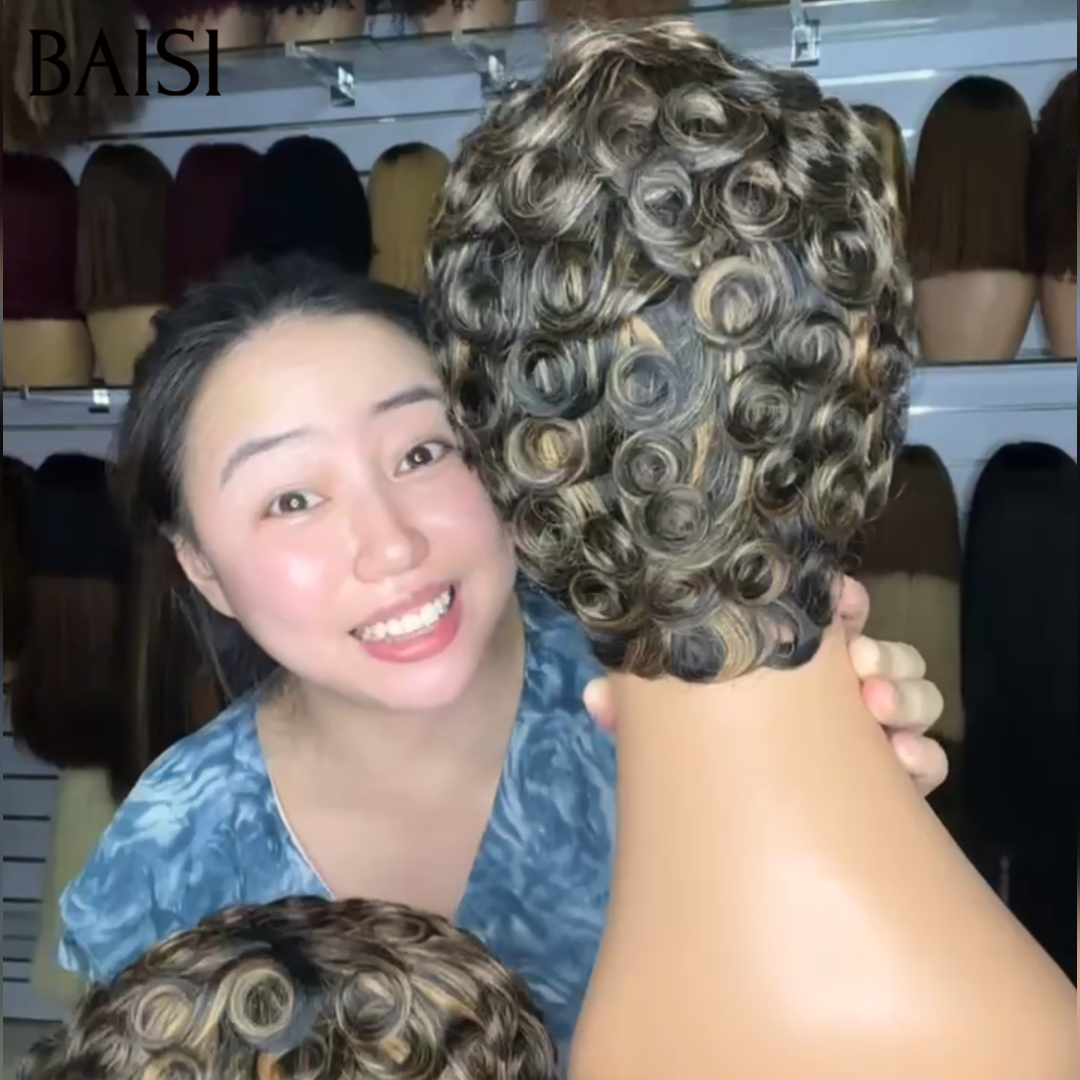 BAISI Perruque Pixie Boucle wave Noir Miel 1B/27# 49€ Sans Colle Sans Lace Ultra Pratique en 100% Cheveux humains