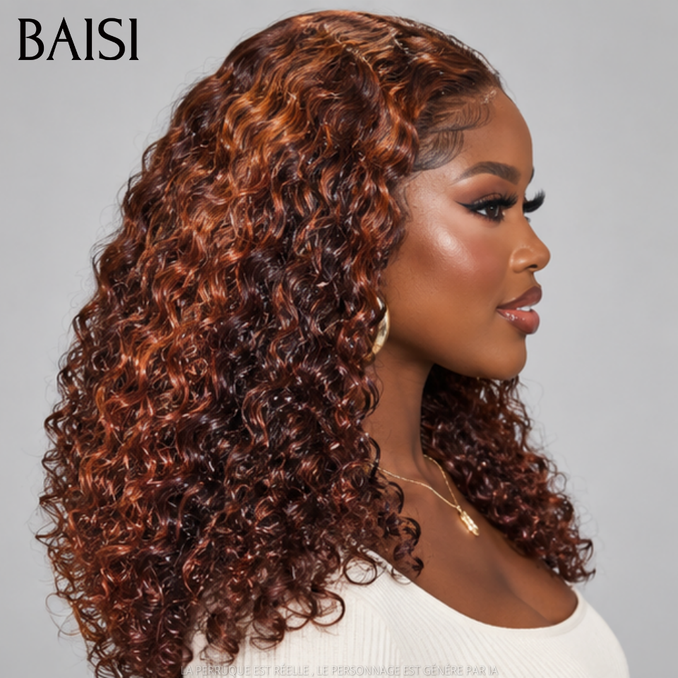 BAISI 4x4 Lace Perruque Curly Sans Colle Couleur Marron Orange P4-350# Bien Fournie 250% densité en 100% vietnam hair