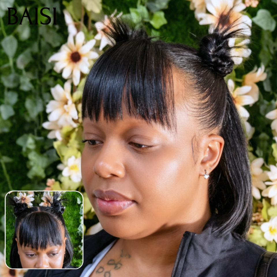 BAISI 13x4 Lace Perruque Bob Coiffée Lisse Avec Frange 8Pouces 119€ Couleur Noir 1B# Dejà Prête A Porter Coiffure Original 100% Identique  en 100% Cheveux humains