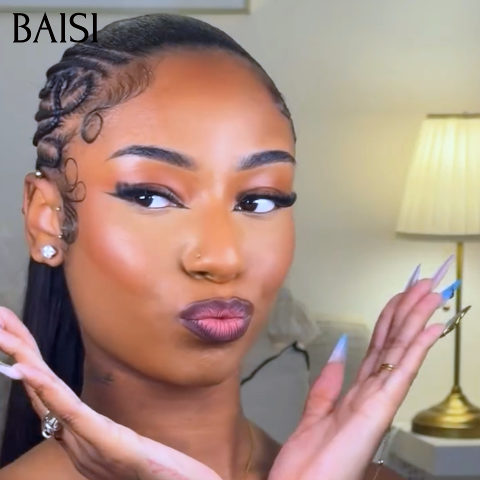 BAISI Full Lace Perruque Coiffée Lisse 20Pouces 180€ Couleur Noir 1B# Côtés Nattées Petites Fleurs Raffraîchissantes  en 100% Cheveux humains