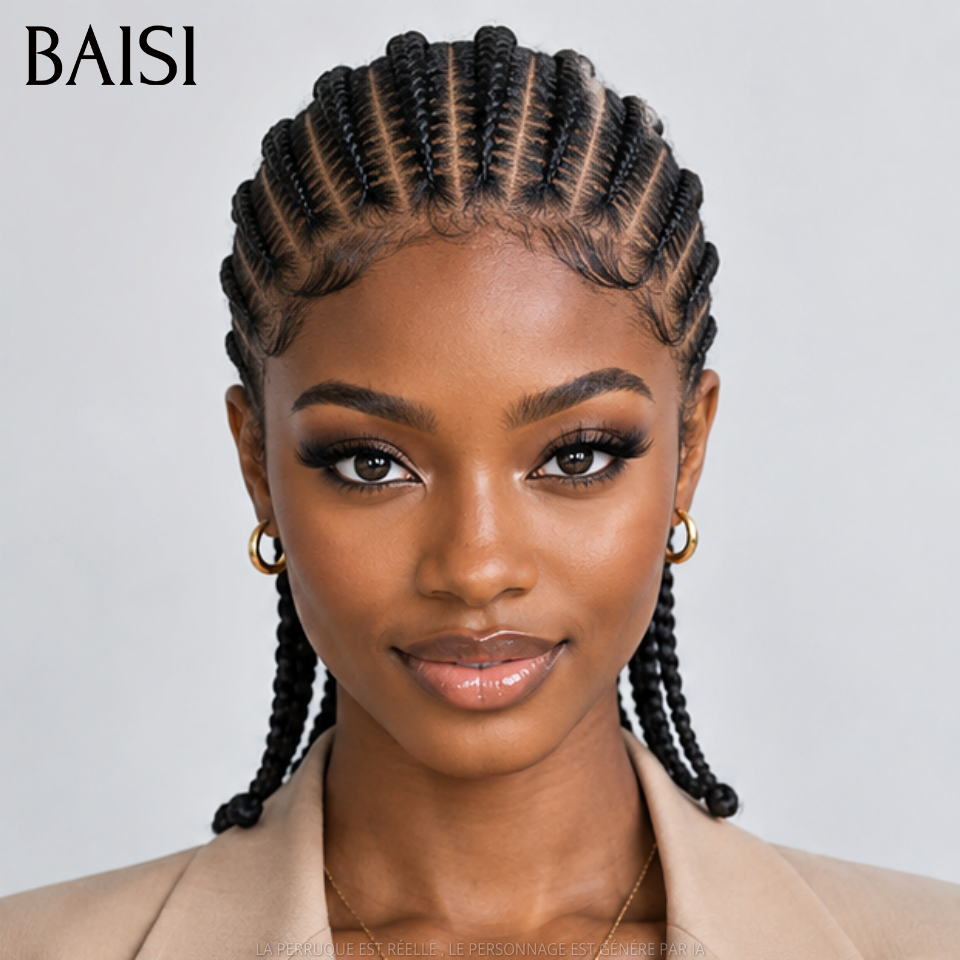 BAISI Perruque Coiffée Full Lace Bob En Nattes 138€ Ou Perruque Frontal Frisé 18Pouces 148€ Couleur Noir 1B# Pratique Au Quotidien en 100% Cheveux humains