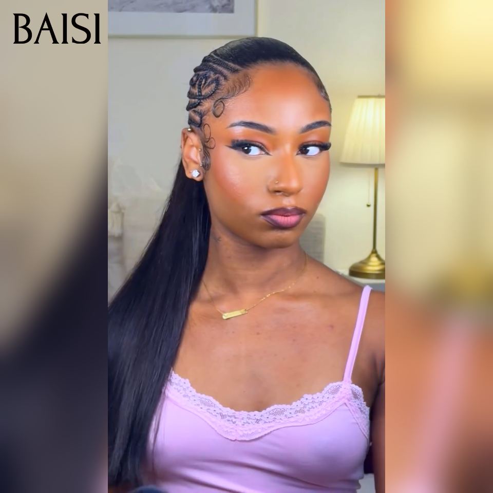 BAISI Full Lace Perruque Coiffée Lisse 20Pouces 180€ Couleur Noir 1B# Côtés Nattées Petites Fleurs Raffraîchissantes  en 100% Cheveux humains