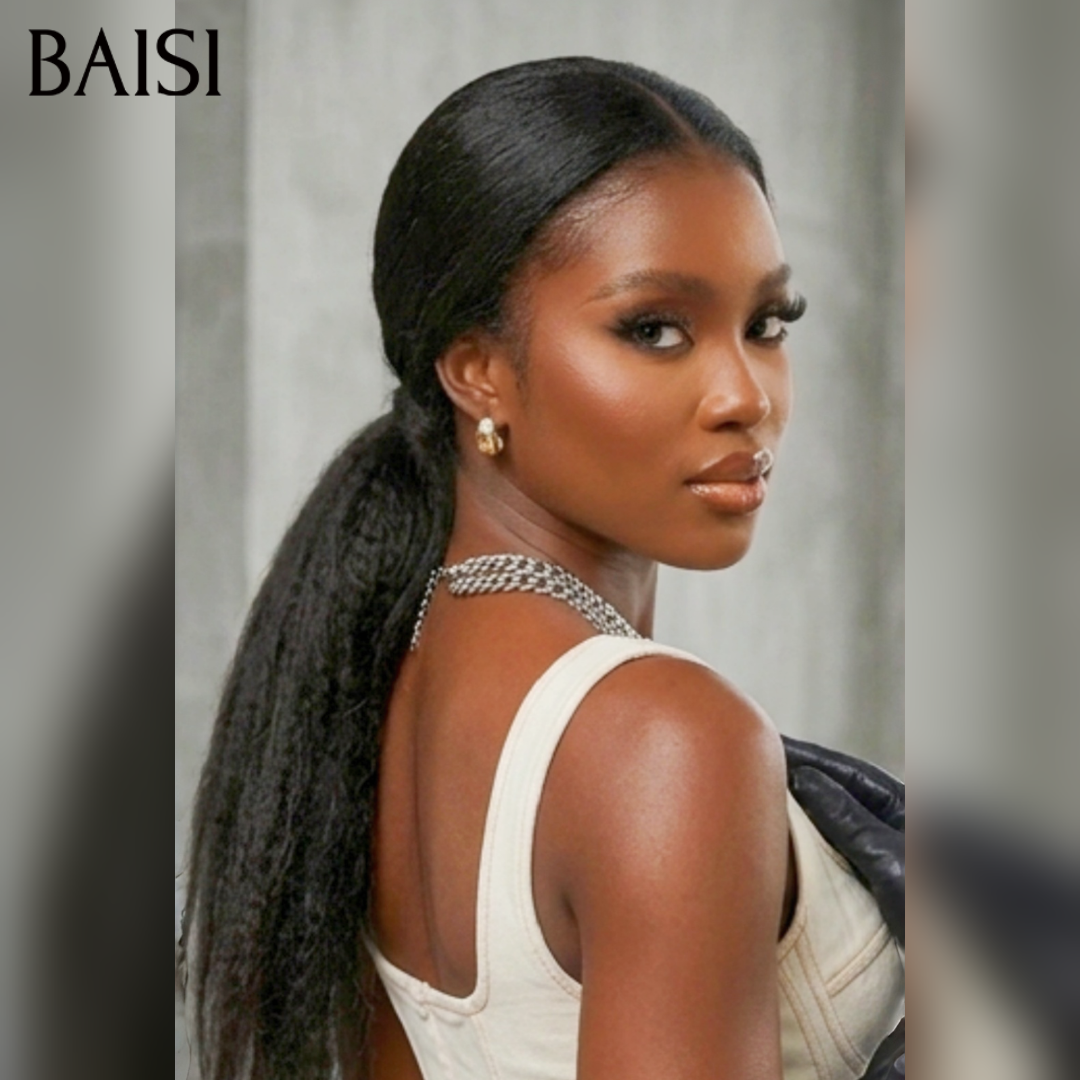 BAISI 13x4 Lace Perruque Kinky Straight Déjà Coiffée Couleur Noir 20Pouces 149€ Prête A Porter Très bonne qualité en 100% Cheveux humains