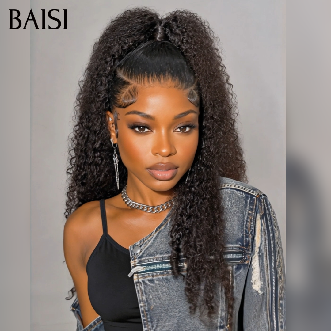 BAISI 13x4 Lace Perruque Kinky Curly Déjà Coiffée Couleur Noir 22Pouces 169€ Coiffure A la Mode pour les Vacances en 100% Cheveux humains
