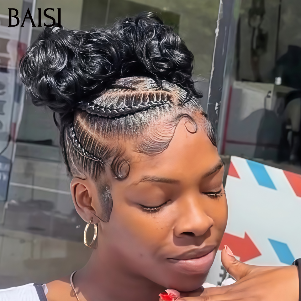 BAISI Full Lace Perruque Coiffée Ondulée Couleur Noir 1B# 178€ Deja Nattée Chignon Haute Très Pratique Contre la Chaleur en 100% Cheveux humains