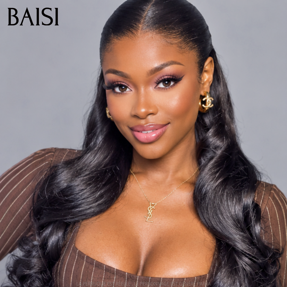 BAISI Sans Colle Prêt-à-porter 13X4 HD lace frontal Perruque Promo 99€ pour revendre long Body wave en NOIR Invisible HD lace 100% Raw Hair en 100% vrais cheveux humains
