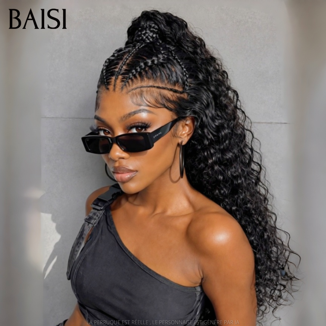 BAISI 13x6 Lace Perruque Déjà Coiffée Deep Wave Natté Couleur Noir La Classe Au Travail en 100% Cheveux humains