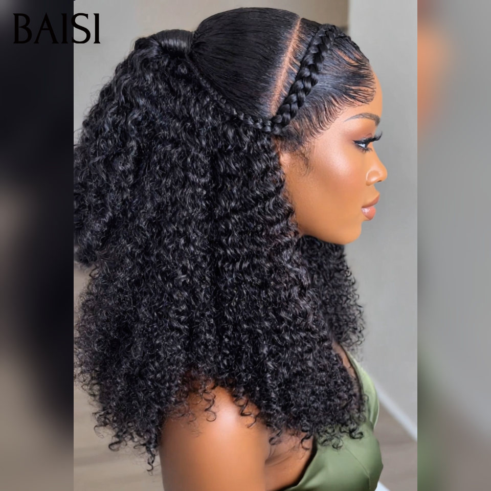 BAISI 13x4 Lace Perruque Coiffée Curly Noir 18pouces 139€ Deja Prête à Porter Idéales pour Les Vacances En 100% Cheveux Humains