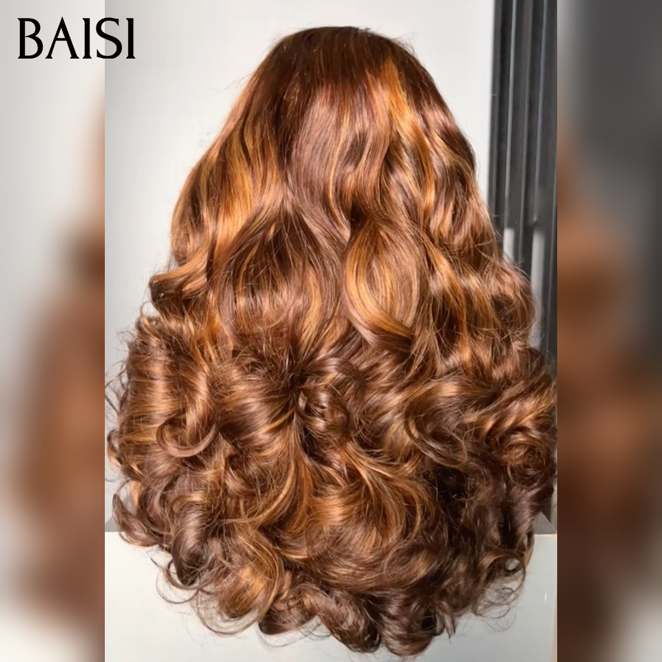 BAISI 13x4 Lace Frontal Perruque Bouncy Curl Rebondissante Marron Mixte Miel 4/27# Mèches de Qualité en 100% Cheveux Humains