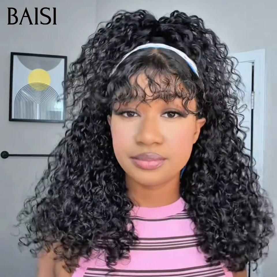 BAISI Perruque Natural Wave Noir avec Frange Sans Colle Sans Lace Nouveau Look Tous les Jours Super Coquêtte 300% densité en 100% Cheveux Humains